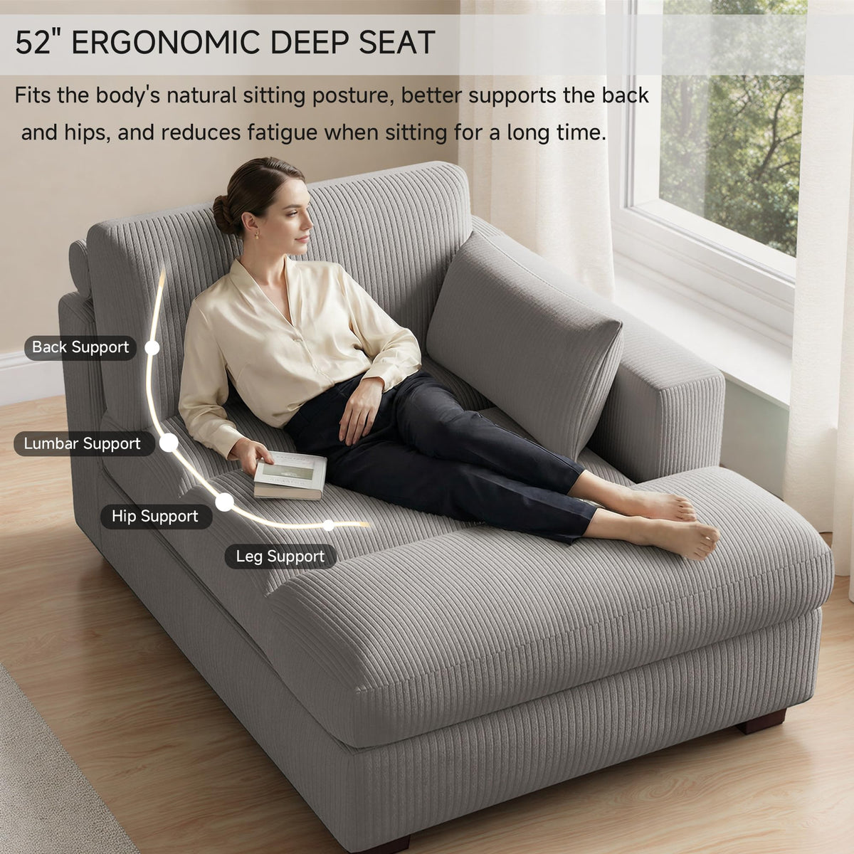 Oversized Corduroy Chaise Lounge Chair with Right Armrest & Cushion, Comfy Upholstered Sleeper Sofa Indoor Recliner Seat Solid Wood Couch w/Washable Cover for Bedroom, Living Room - Orange