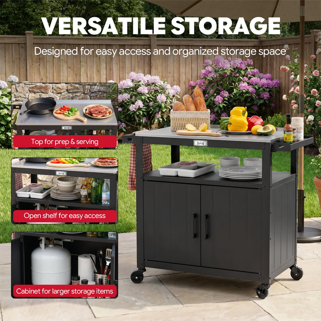 Feasto Outdoor Grill Cart w/Storage Cabinet, Stainless Steel Top, Brown