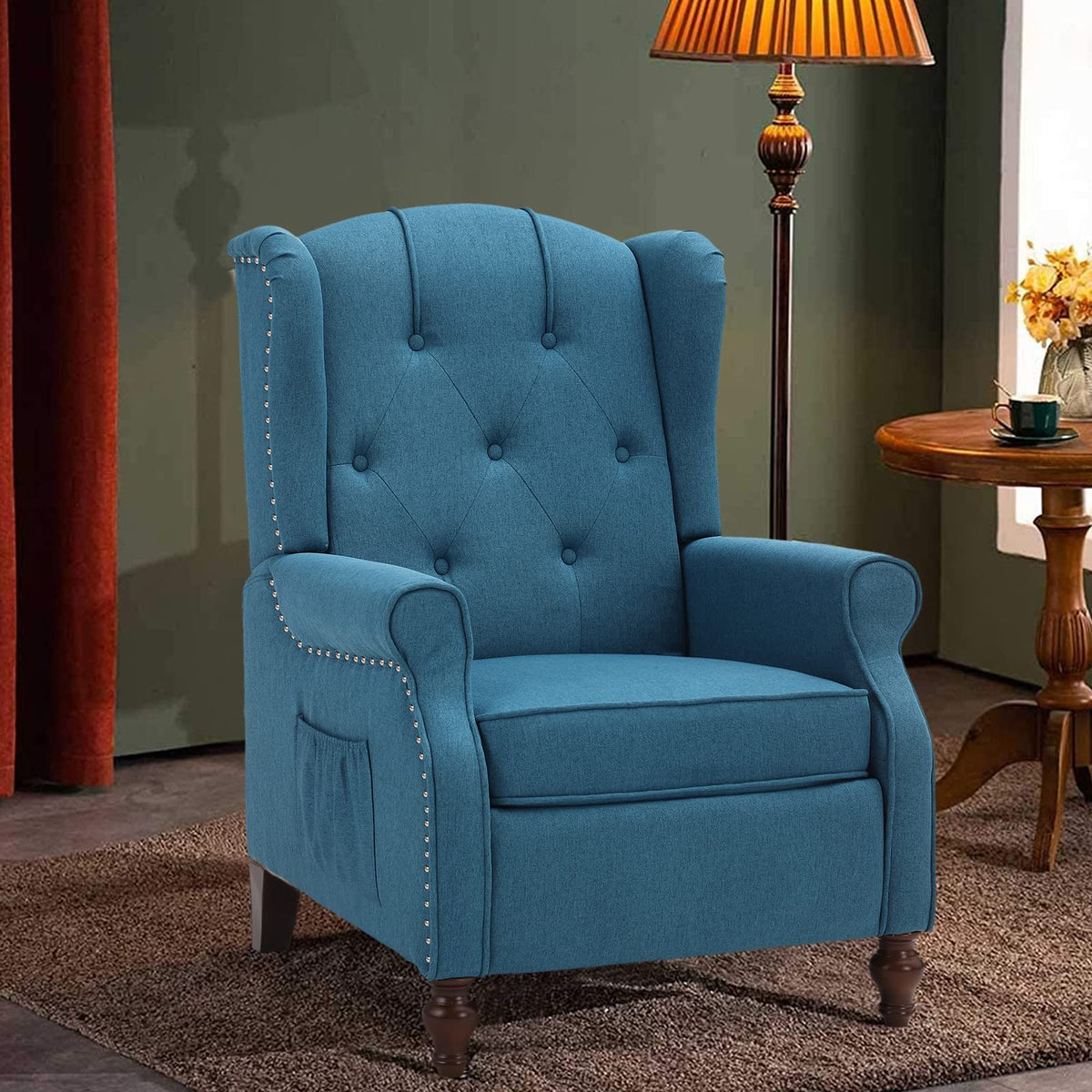 Wingback Recliner Chair - Tufted Arm Chair Recliner - Fabric Push Back Single Sofa for Living Room Adjustable Backrest (Blue Floral)