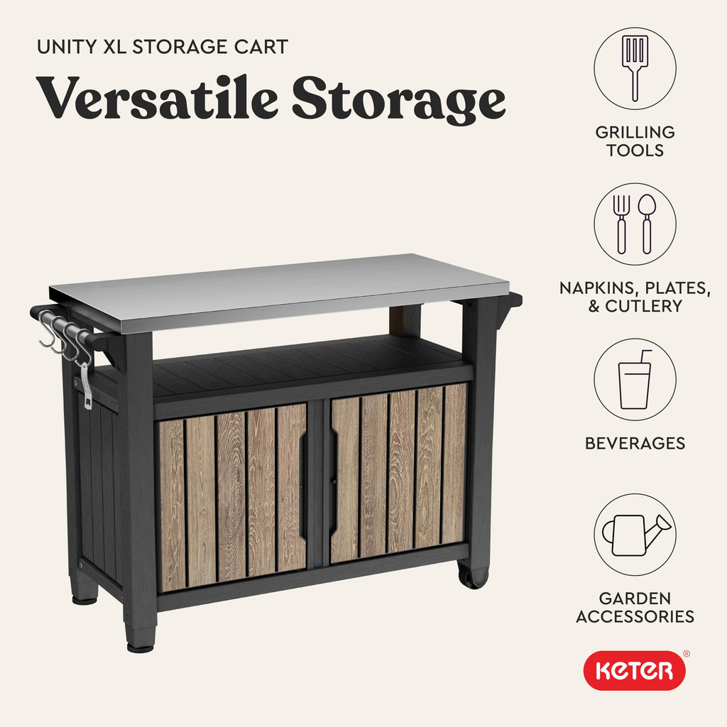 Keter Unity XL Portable Outdoor Table with Stainless Steel Top for Kitchen Prep and Outdoor Storage Cabinet for Grilling Accessories, Dark Grey