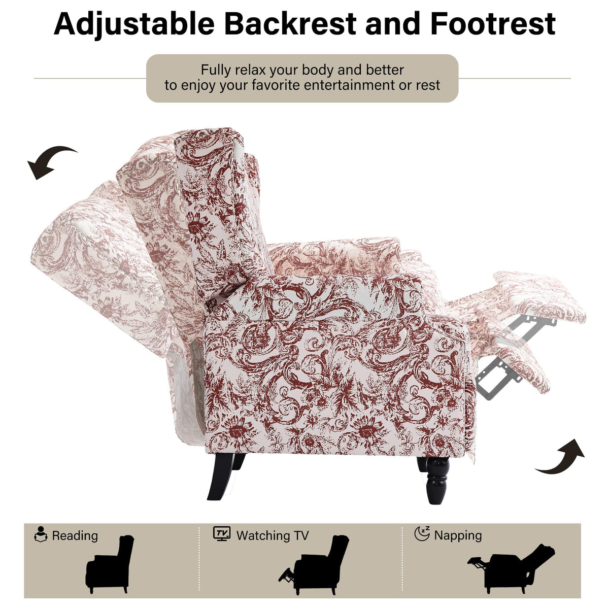 Wingback Floral Pushback Recliner Chair, Plants Beige, Set of 2