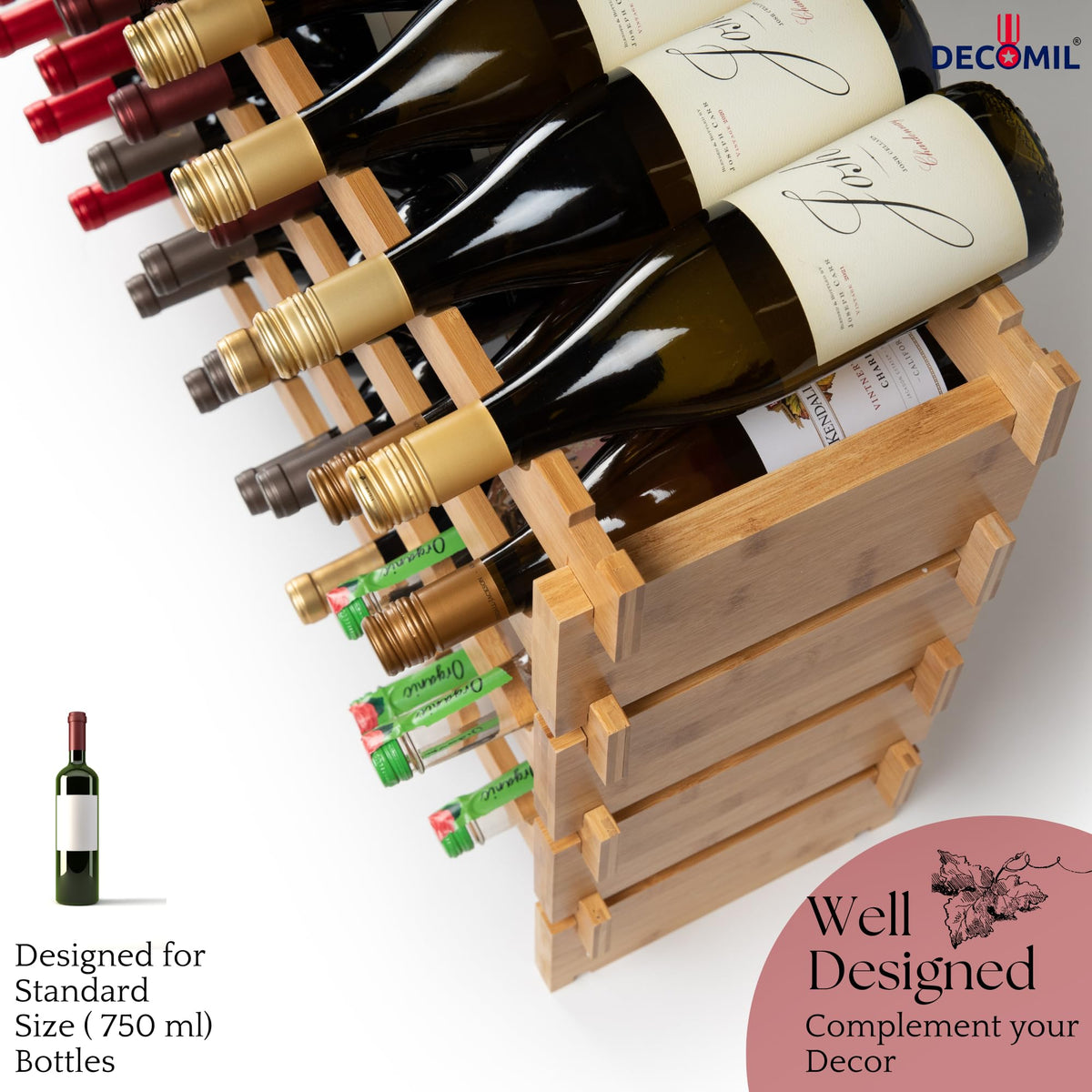 DECOMIL - 72 Bottle Stackable Modular Wine Rack Wine Storage Rack Solid Bamboo Wine Holder Display Shelves, Wobble-Free (Eight-Tier, 72 Bottle Capacity)