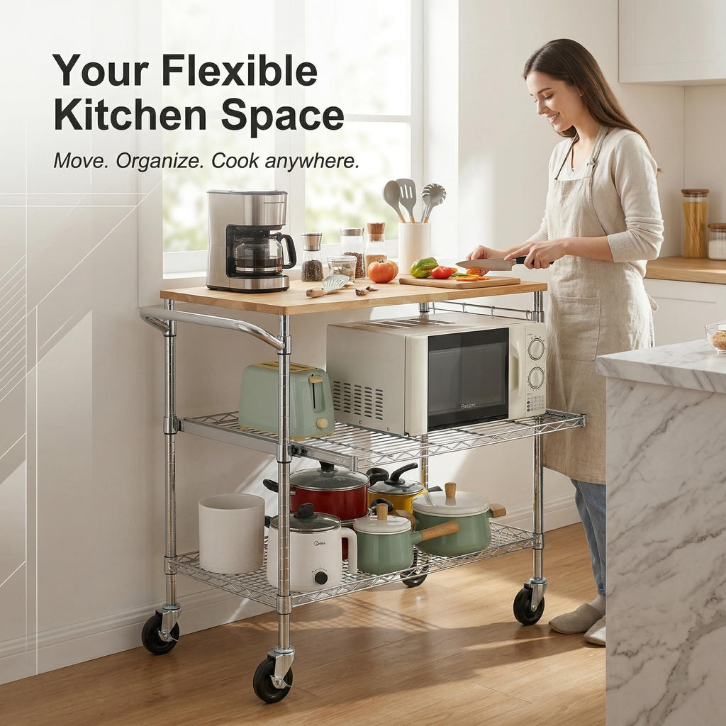Finnhomy 3-Tier Rolling Kitchen Cart With 18" D x 30" W Oak Wood Tabletop, Kitchen Island With 4" Wheels and Slider Shelf, Microwave & Coffee Cart With Hooks for Dining Room, Chrome