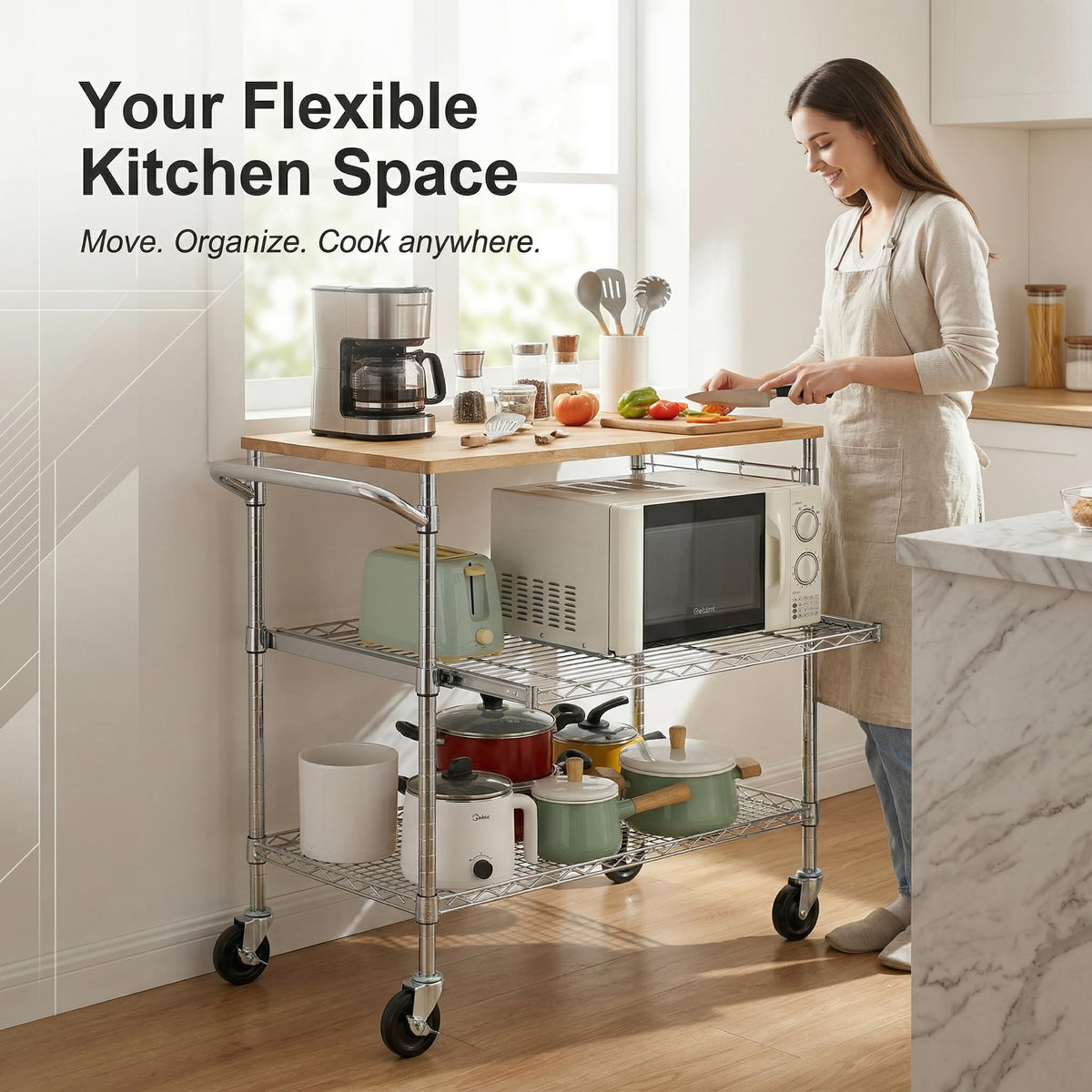 Finnhomy 3-Tier Rolling Kitchen Cart With 18" D x 30" W Oak Wood Tabletop, Kitchen Island With 4" Wheels and Slider Shelf, Microwave & Coffee Cart With Hooks for Dining Room, Chrome