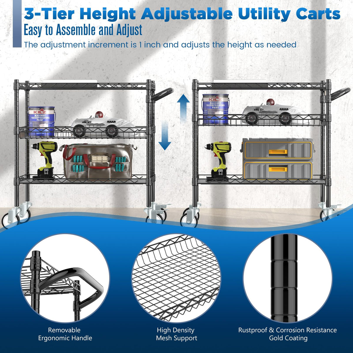 Leteuke 3 Tier Rolling Carts with Wheels, Heavy Duty Rolling Utility Cart