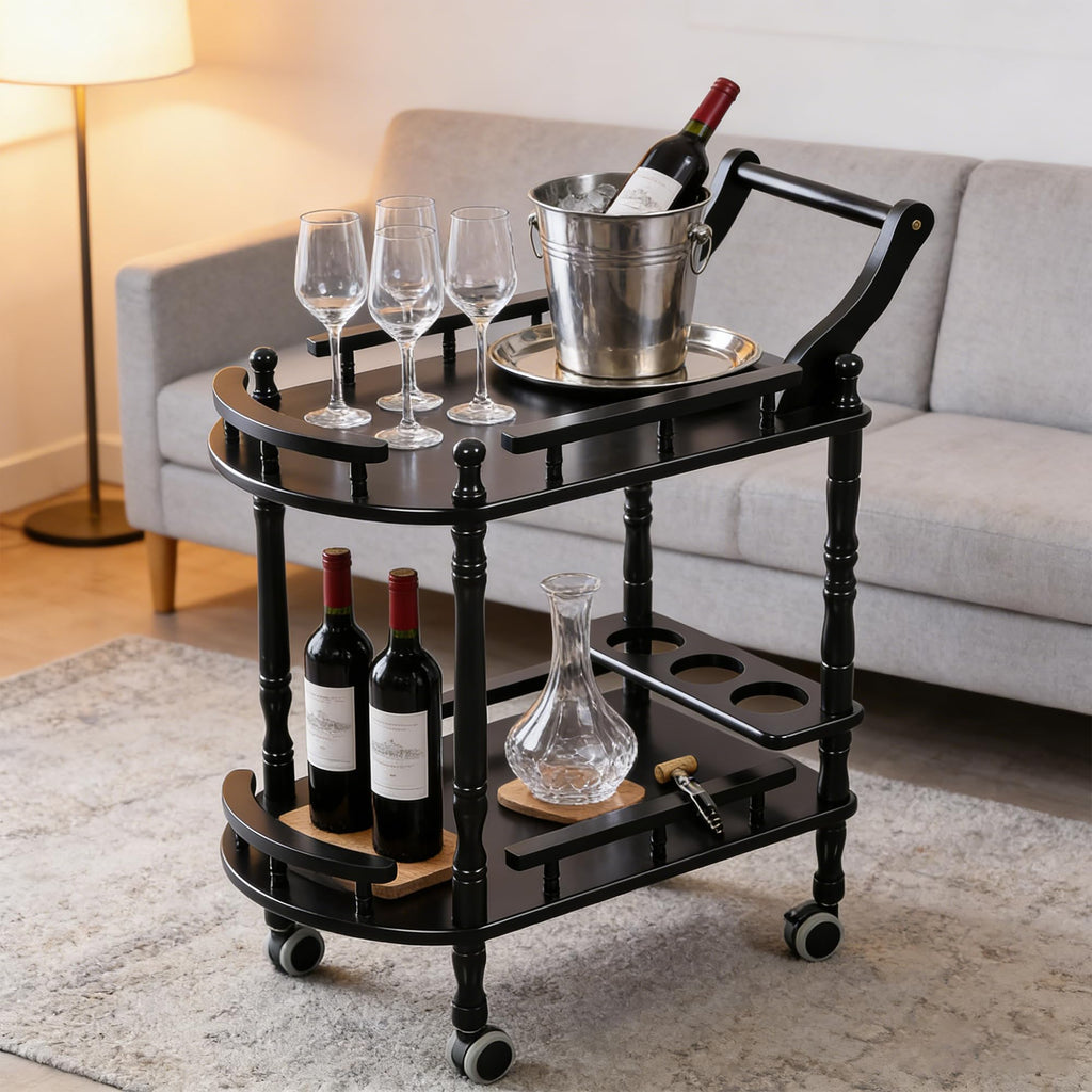 Entertainment Kitchen Cart, Midcentury Modern Imported rubberwood Brown Finished Wood 3-Tier Mobile Bar Cart Serving Cart