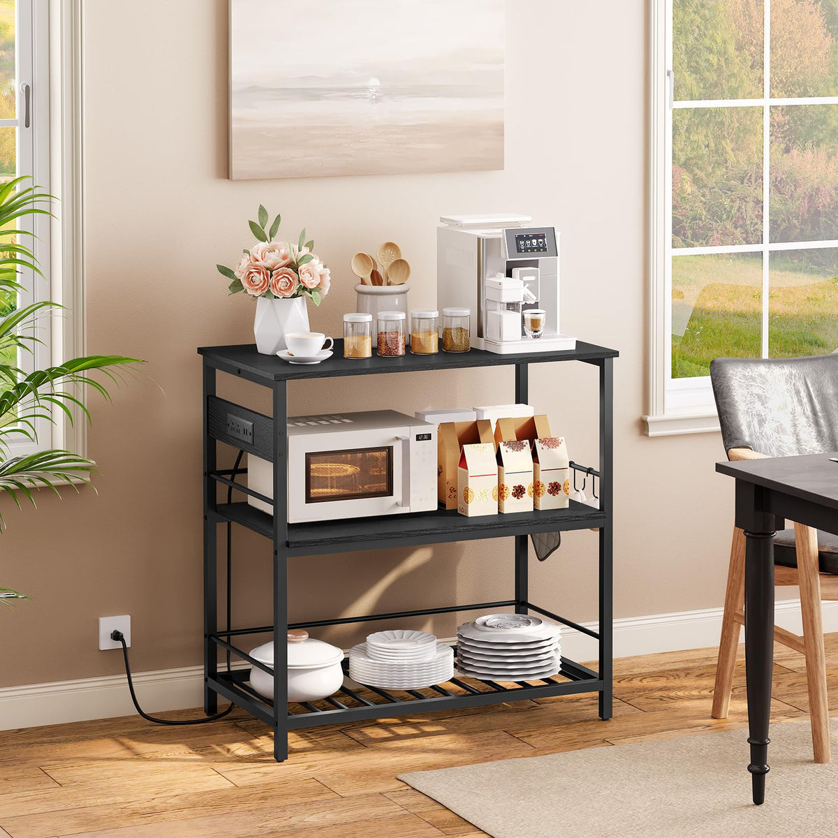 HOOBRO Kitchen Island with Storage, Kitchen Island Table with Power Outlet, 47.2" L 3 Tier Kitchen Counter and Microwave Stand, for Home, Kitchen and Dining Room, Rustic Brown and Black BF120UZD01