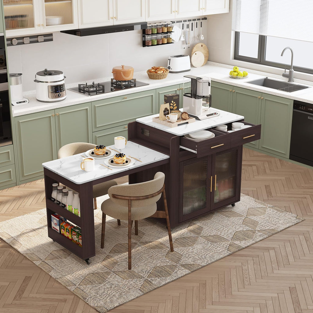 HLR 72" Extendable Rolling Kitchen Island with Storage, Island Table on Wheels with Marble Grain Countertop & Power Outlet, Portable Island Cart with Cabinets, Drawers and Shelves, Wood
