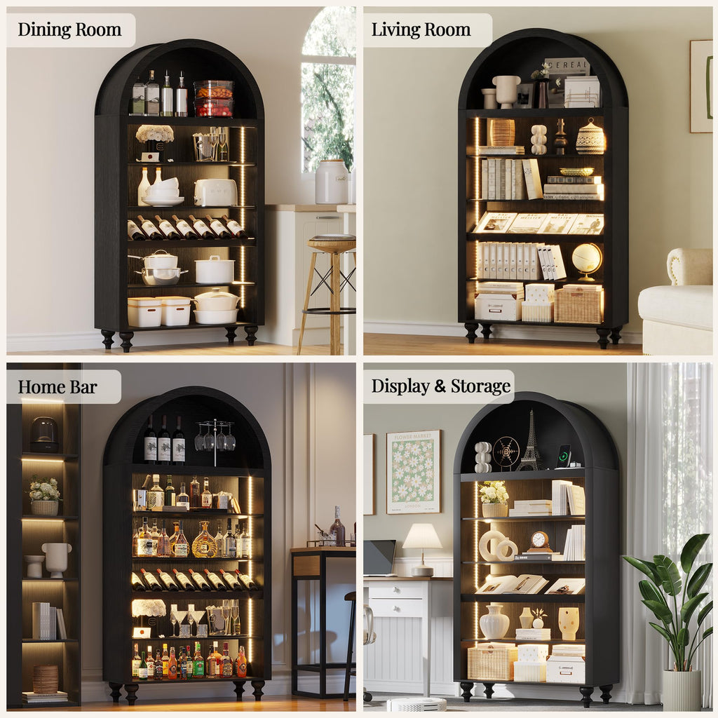 71" Tall Arched Wine Bar Cabinet with Wine Racks & Glass Holder, Wide Liquor Cabinets with LED Lights & Charing Ports, Kitchen Pantry Cupboard, Coffee Bar Storage Cabinet for Home, Dining Room (Oak)