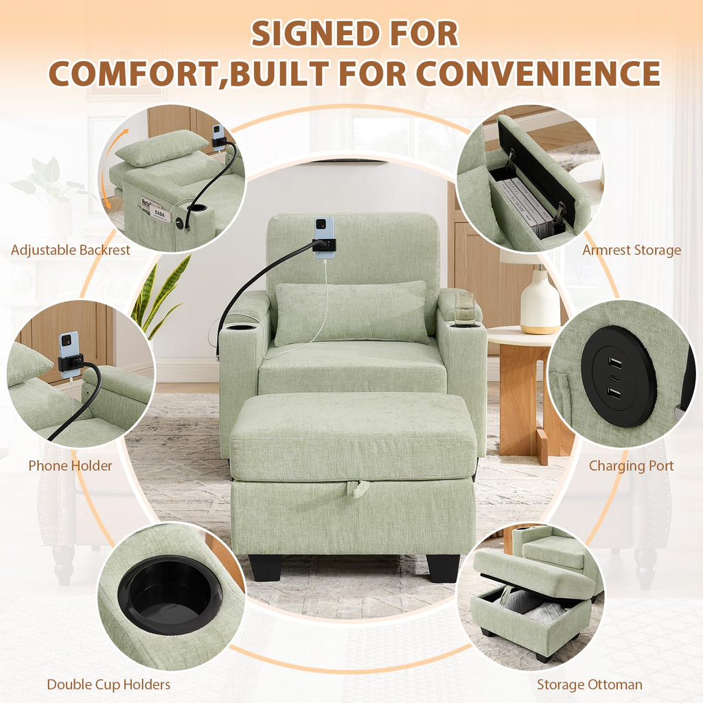 Oversized Chaise Lounge Chair Indoor, Single Convertible Recliner Reading Arm Sofa Chair W/Adjustable Backrest & Charging Port Couch Bed for Living Room, Home Theater & Bedroom, Brown