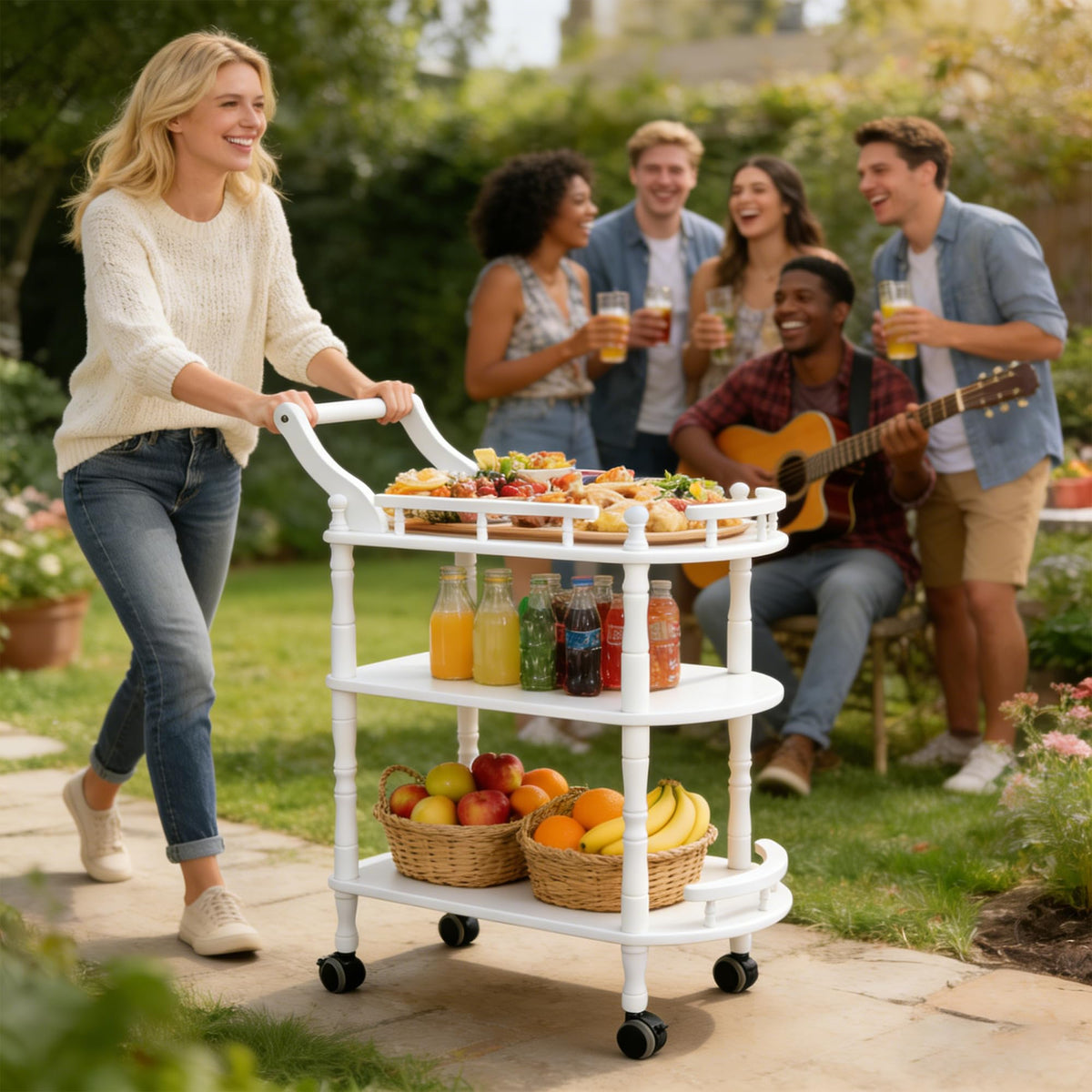 Entertainment Kitchen Cart, Midcentury Modern Imported rubberwood Brown Finished Wood 3-Tier Mobile Bar Cart Serving Cart