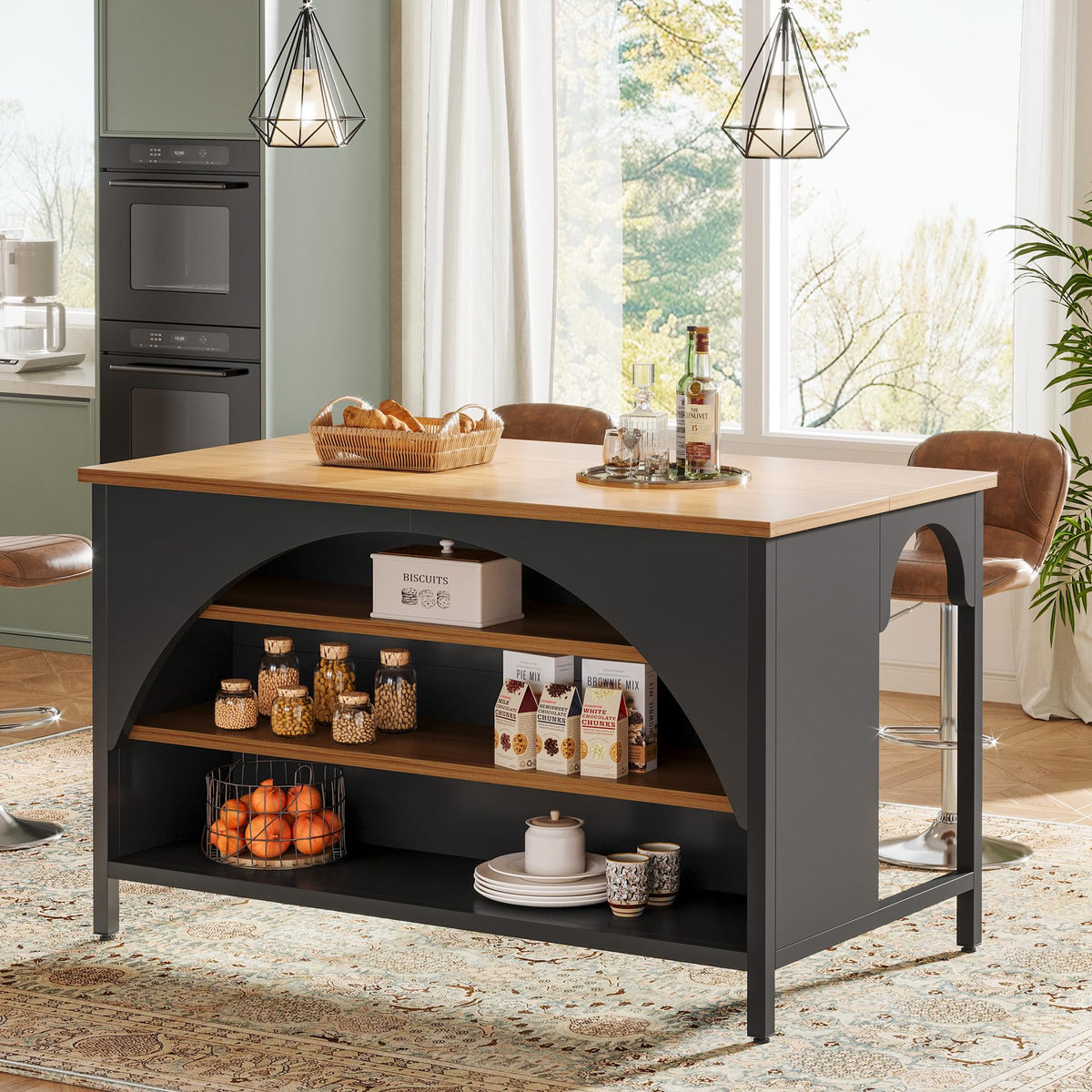 Tribesigns Kitchen Island with 3 Storage Shelves, 55" W Kitchen Shelf with Large Countertop and Seating Area, Modern Wooden Coffee Bar Table (White)