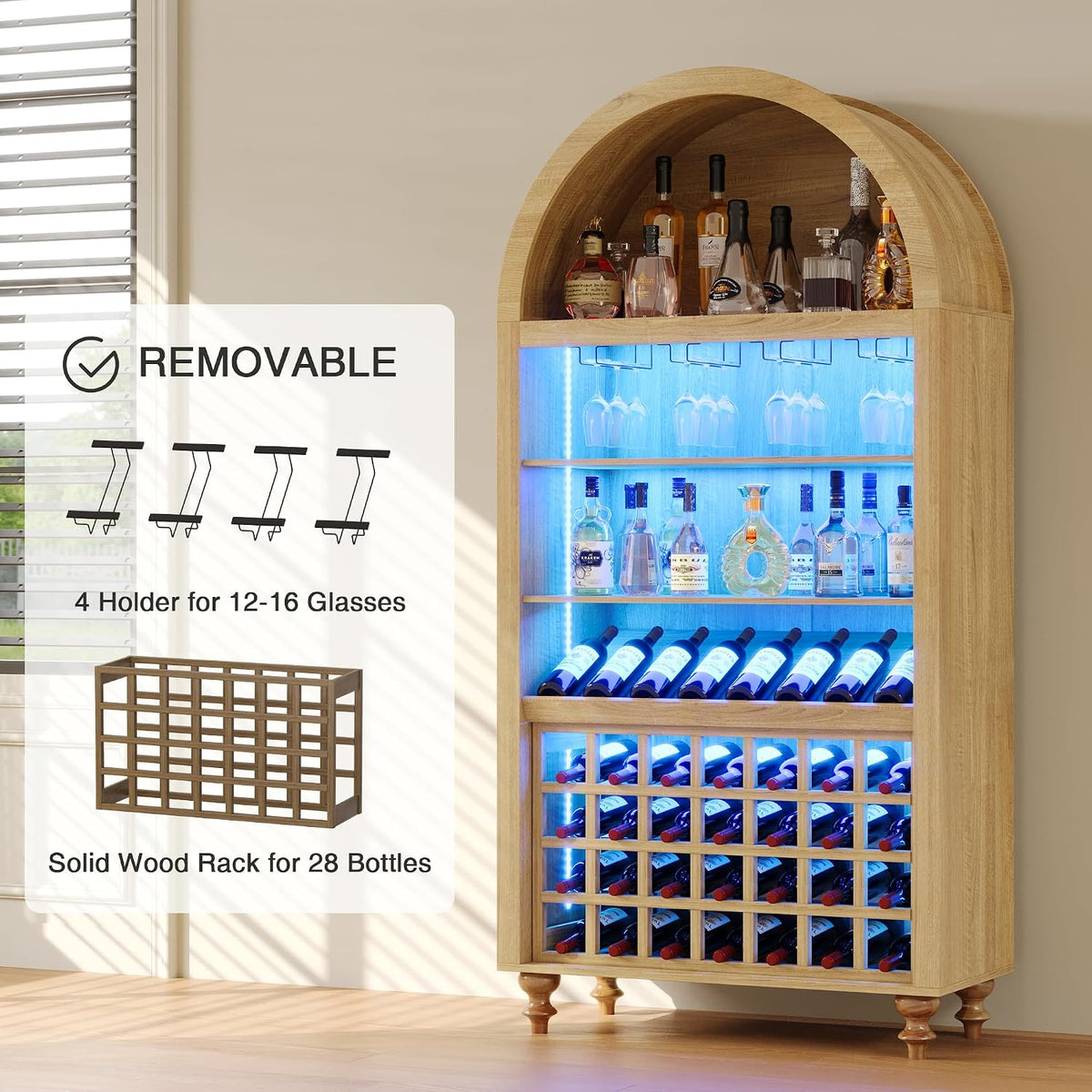 71" Tall Arched Wine Bar Cabinet with Wine Racks & Glass Holder, Wide Liquor Cabinets with LED Lights & Charing Ports, Kitchen Pantry Cupboard, Coffee Bar Storage Cabinet for Home, Dining Room (Oak)