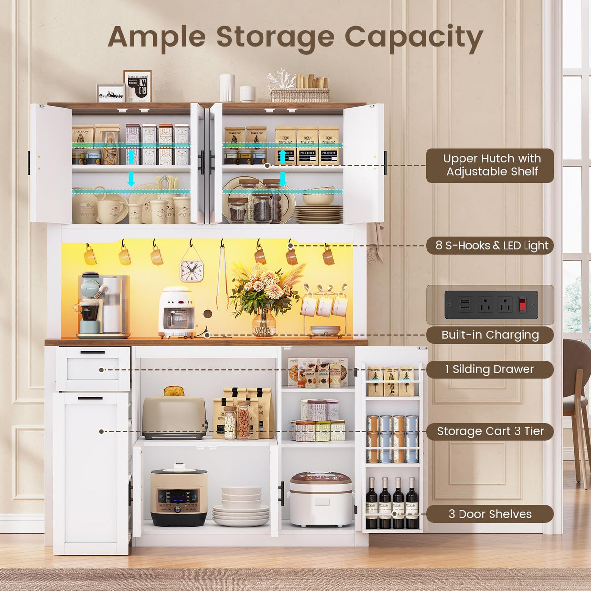 Itaar 71" Kitchen Pantry Cabinet with Charging Station and Led Light, Kitchen Storage Cabinets with Microwave Stand, 59" Wide Pantry Storage Cabinet with Storage Cart 3 Tier for Dining Room, White