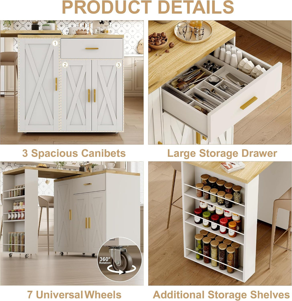 DreamDashio Kitchen Island with Storage, Rolling Kitchen Island with Swivel Table, Drawers & Shelves, Mobile Kitchen Island Cart with 360Â° Swivel Extendable Dining Table for Kitchen, Dining Room
