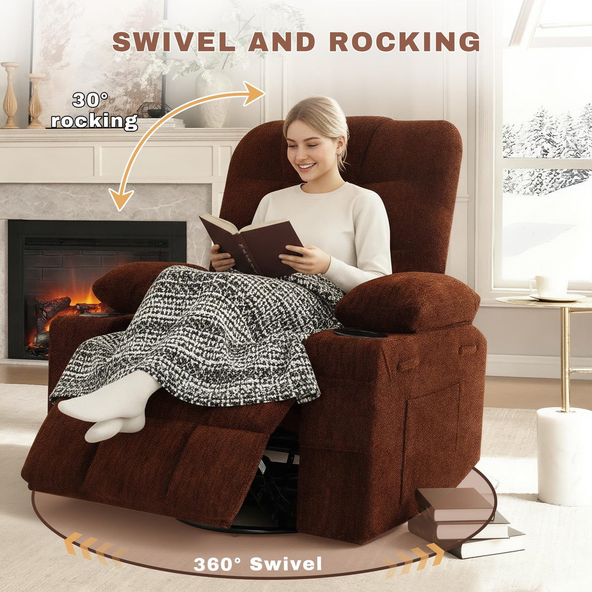 Swivel Rocker Recliner Chair,Recliner Single Sofa with Cup Holders, Manual Nursery Rocking Chair with Side Pockets, Modern Upholstered Recliner for Living Room,Apartment,Home Theater(Black)