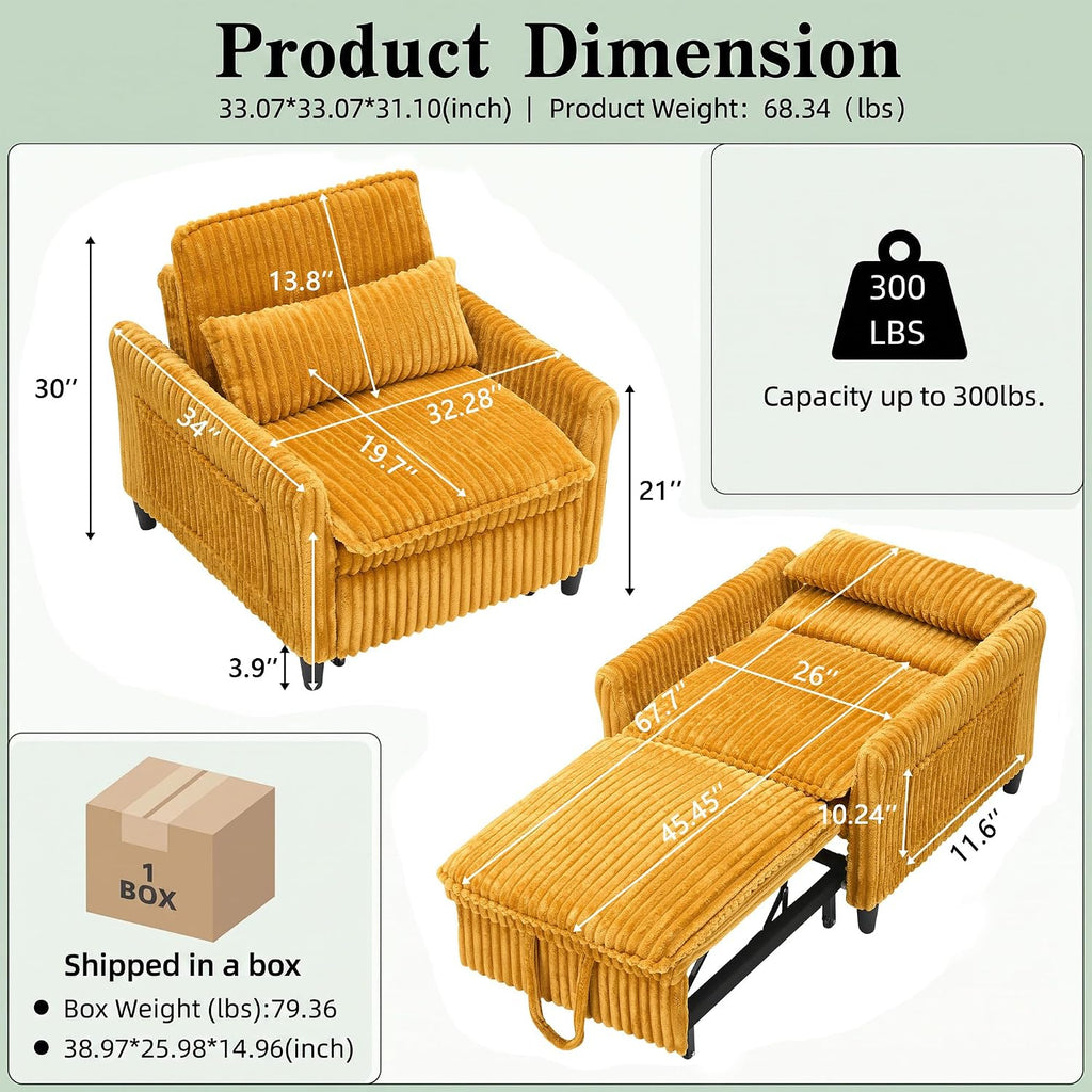 32" Convertible Sofa Chair Bed, 3âinâ1 Pullâout Sleeper Chair with Corduroy Fabric, Adjustable Backrest & Side Storage Pockets, SpaceâSaving Design for Living Room, Apartment, Bedroom (Yellow)