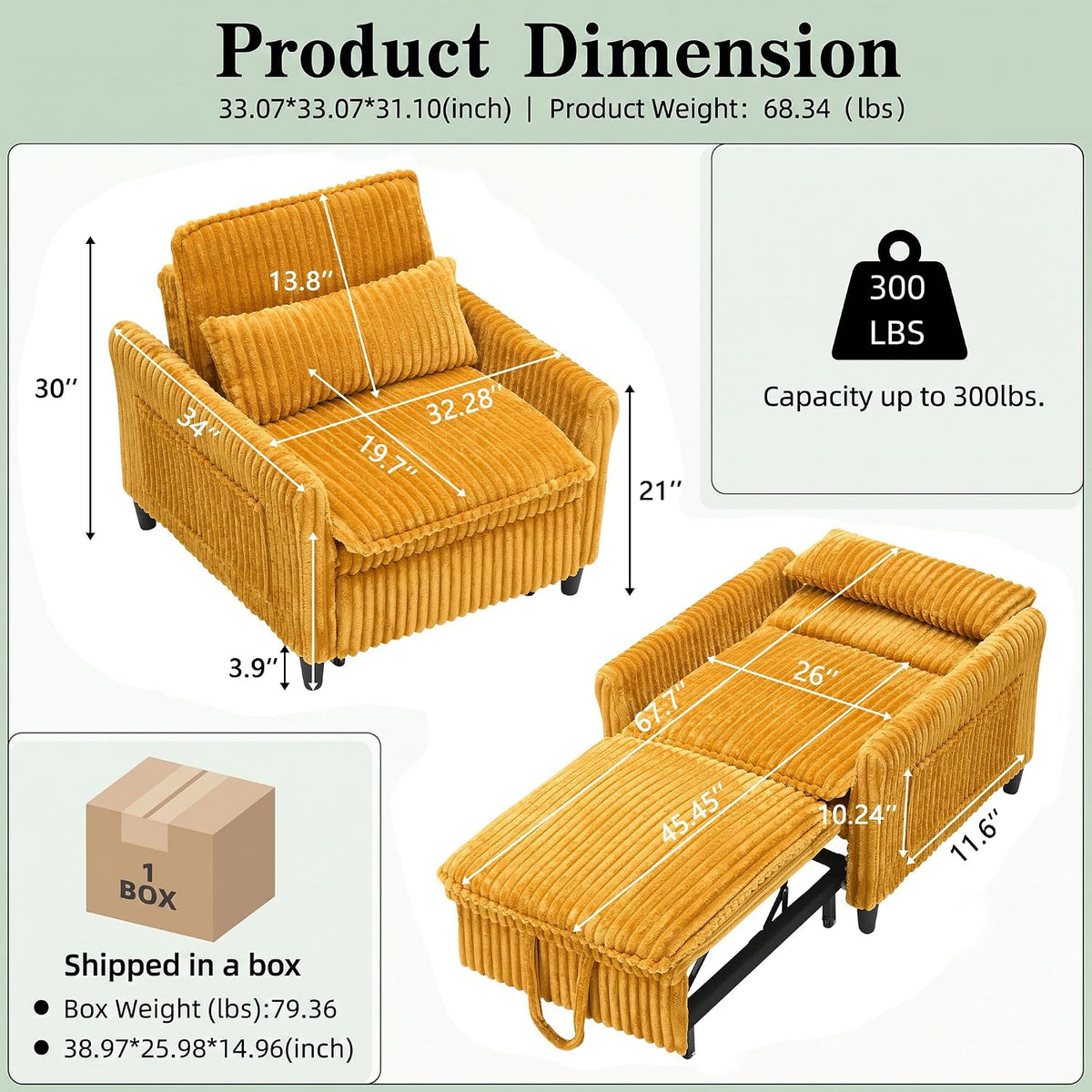 32" Convertible Sofa Chair Bed, 3âinâ1 Pullâout Sleeper Chair with Corduroy Fabric, Adjustable Backrest & Side Storage Pockets, SpaceâSaving Design for Living Room, Apartment, Bedroom (Yellow)