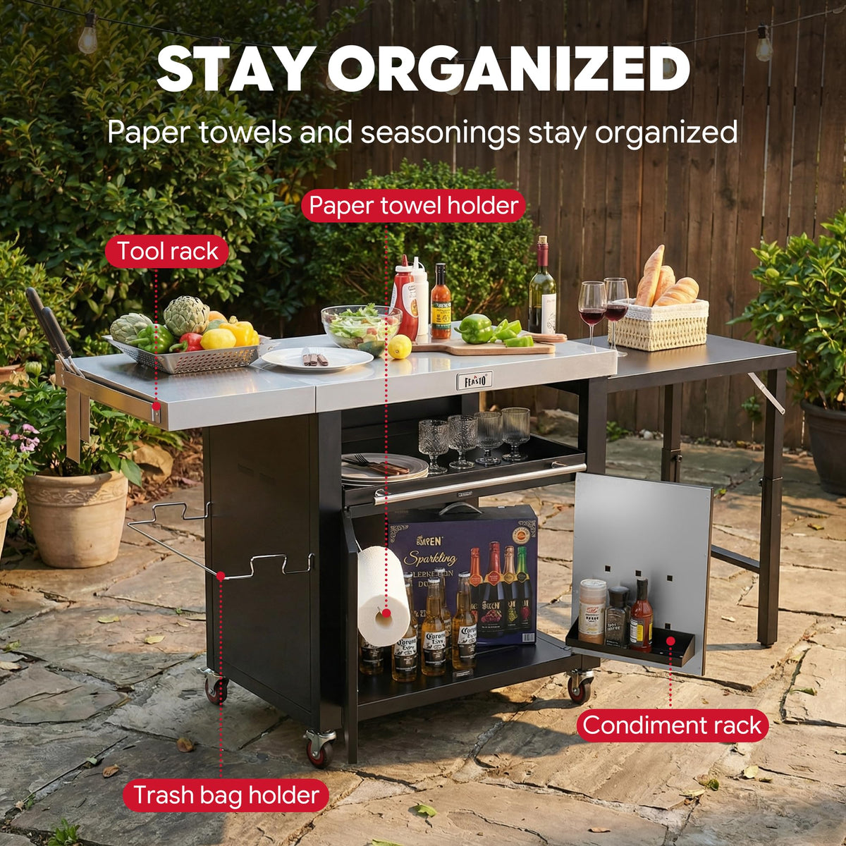 Feasto 3-Tier Outdoor Grill Cart, 26.6" x 16.1" Rolling Pizza Oven Table