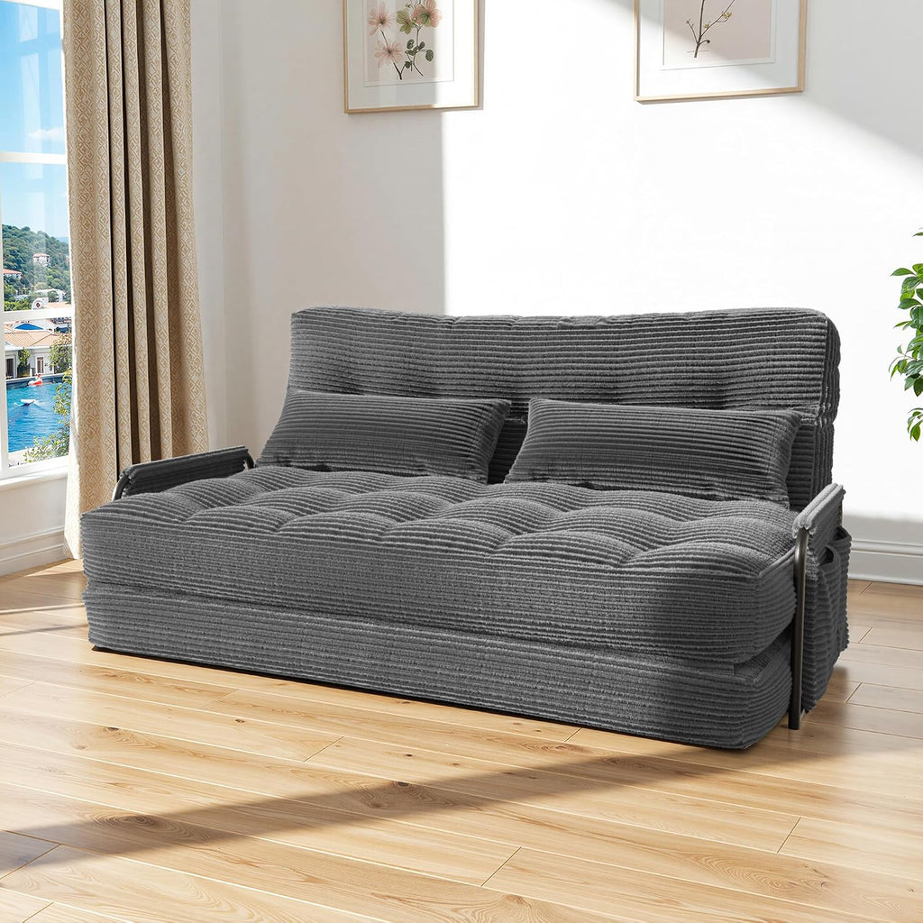 3-in-1 Folding Sofa Bed,Convertible Sleeper Chair with Armrests & Adjustable Backrest,Corduroy Futon Couch Floor Sofa Lounge with Pillow for Living Room Bedroom,Double,Dark Gray