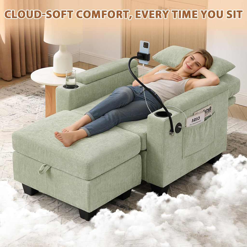 Oversized Chaise Lounge Chair Indoor, Single Convertible Recliner Reading Arm Sofa Chair W/Adjustable Backrest & Charging Port Couch Bed for Living Room, Home Theater & Bedroom, Brown