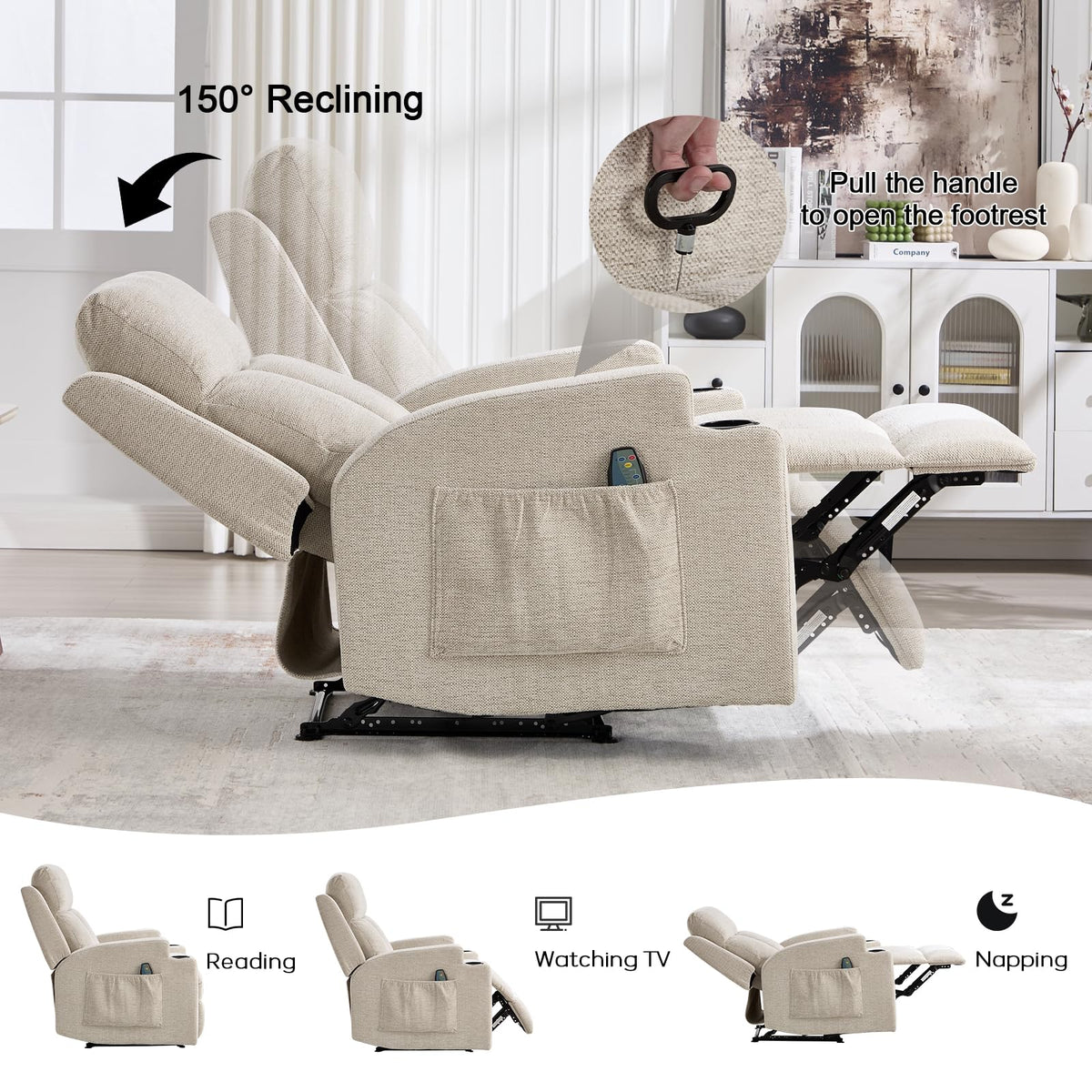CANMOV Manual Recliner Chair with Massage and Heat, Soft Fabric Recliner Chair with Overstuffed Arm and Back, Manual Reclining Single Sofa with 2 Cup Holders, Side Pocket for Living Room, Dark Grey