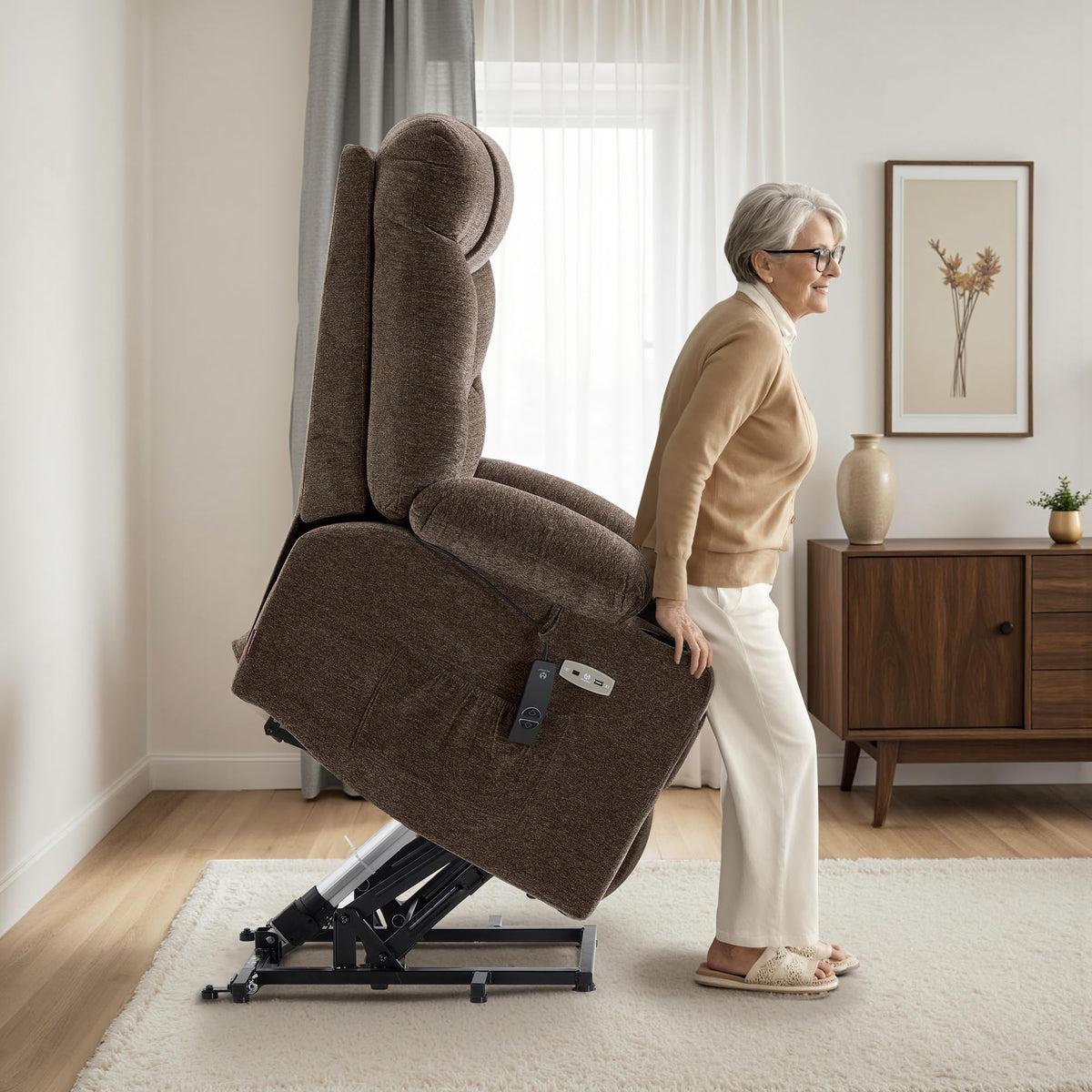 MCombo Power Lift Recliner for Elderly, Fabric 7287 (Light Grey, Medium)
