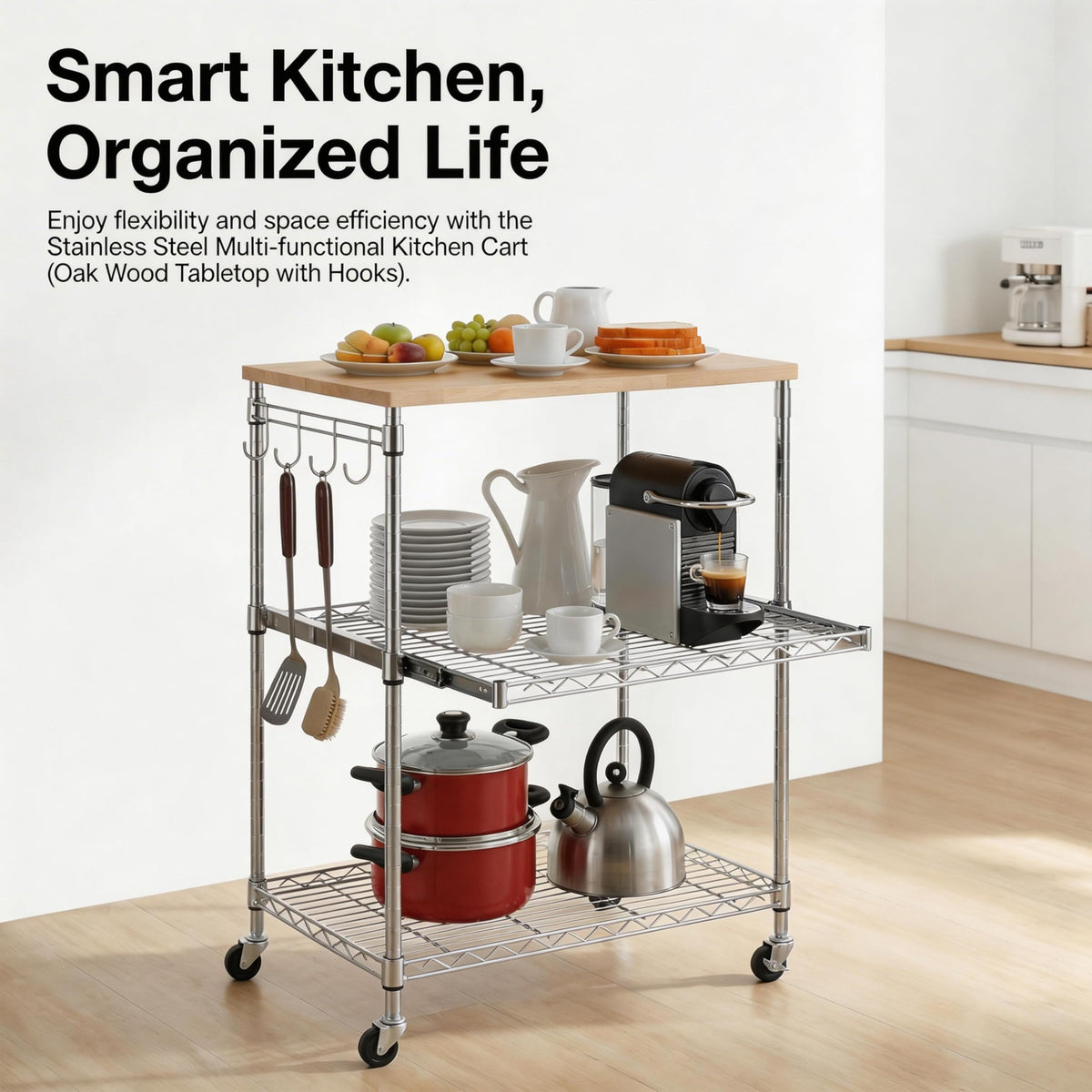 Finnhomy 3-Tier Rolling Kitchen Cart With 18" D x 30" W Oak Wood Tabletop, Kitchen Island With 4" Wheels and Slider Shelf, Microwave & Coffee Cart With Hooks for Dining Room, Chrome