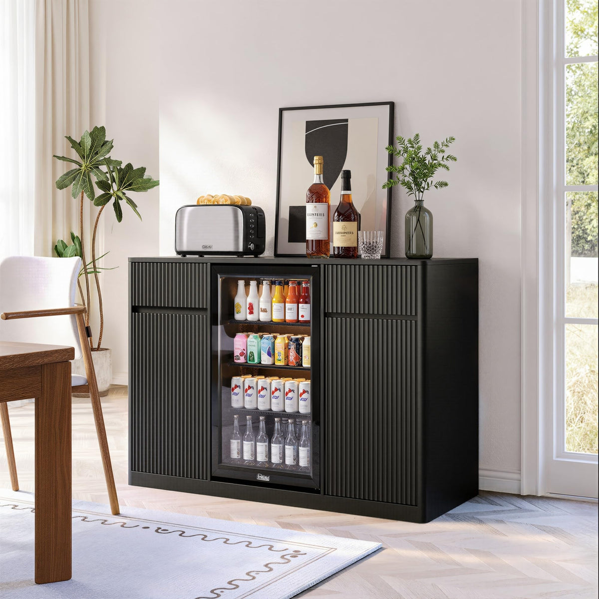 51" L Coffee Wine Bar Cabinet with Fridge Space, Charging Hub, Wine Rack