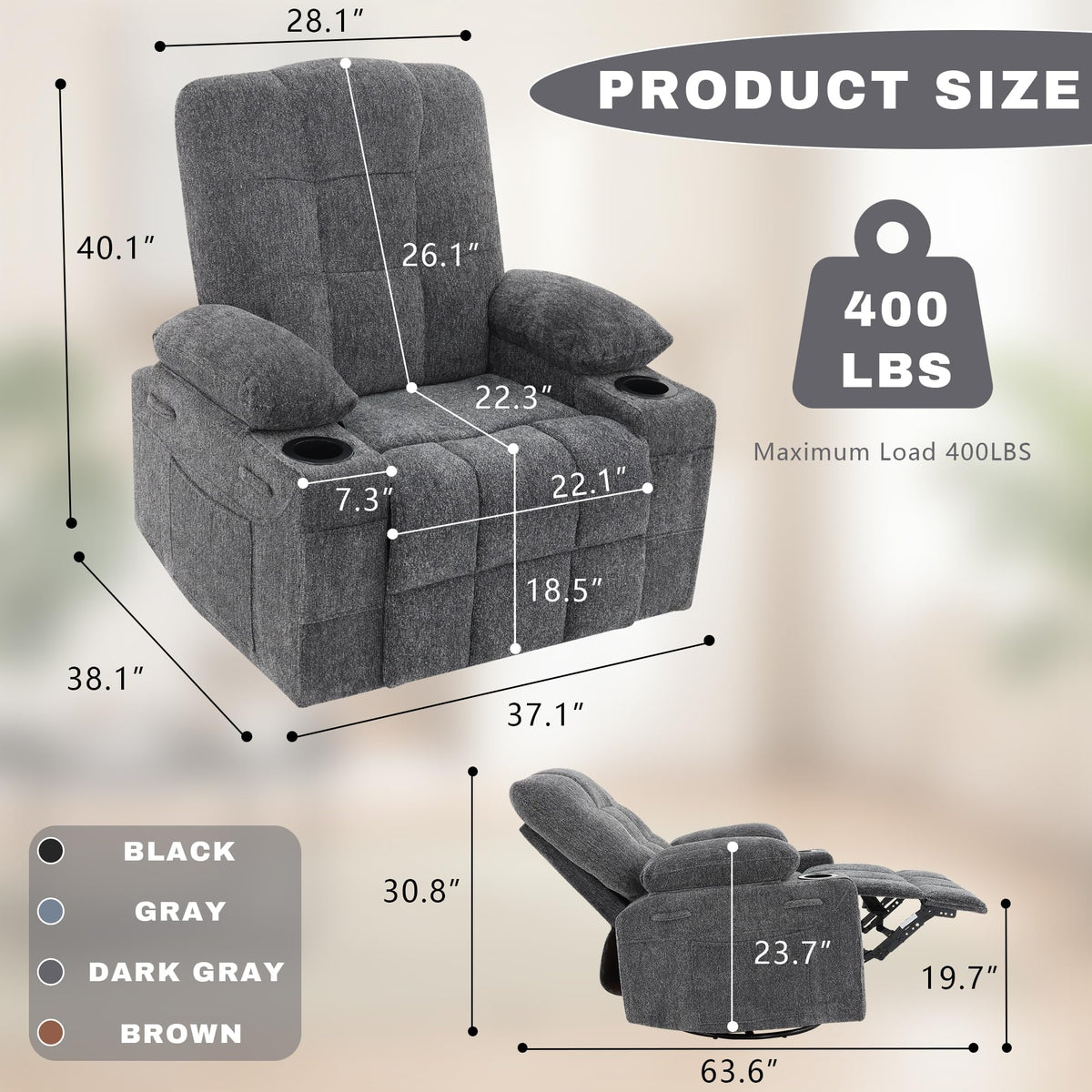 Swivel Rocker Recliner Chair,Recliner Single Sofa with Cup Holders, Manual Nursery Rocking Chair with Side Pockets, Modern Upholstered Recliner for Living Room,Apartment,Home Theater(Black)