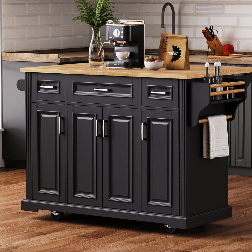 Merax 54" Large Kitchen Cart Island on Wheels with Drop Leaf,Adjustable Shelves,3 Drawers,Embossed Texture Design for Dining Room