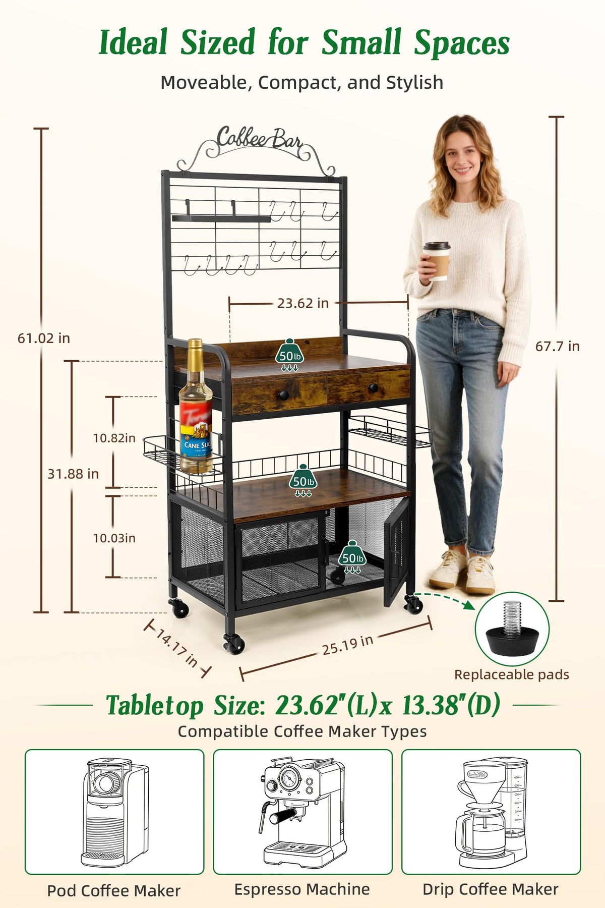 Coffee Bar Cabinet with Storage, Coffee Cart with Wheels, Coffee Station with Coffee Bar Sign and Mug Hook, Corner Coffee Bar Table with Drawer, Bakers Rack for Kitchen Dining Room Living Room Nook