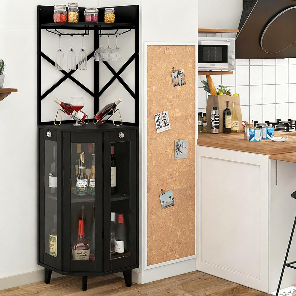 COCO DESIGN All Black Corner Wine Cabinet, Lockable Glass Door with Light