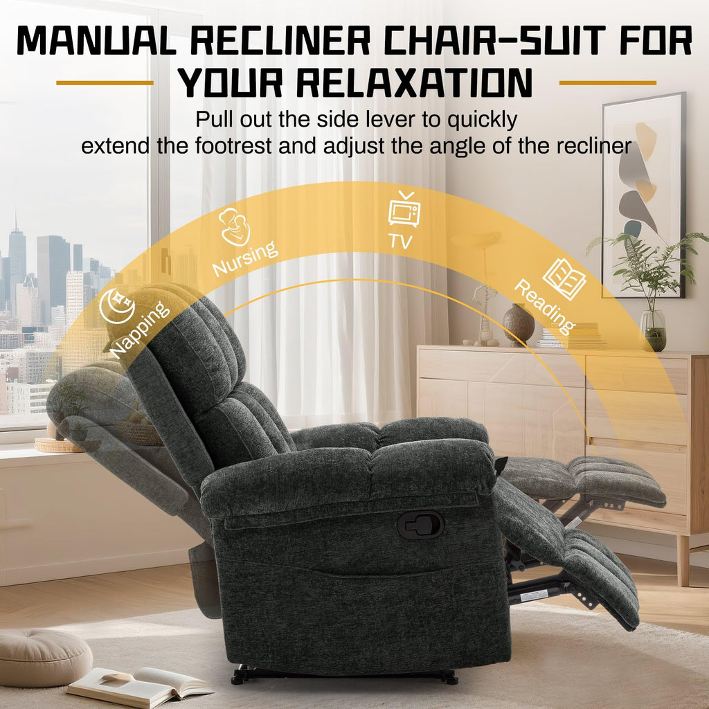 Korser Recliner Chair, Living Room Recliner Chairs for Adults, Small Recliners for Small Spaces, Upholstered Manual Recliner with Side Pockets, Comfy Nursery Chair for Living Room, Chenille, Beige