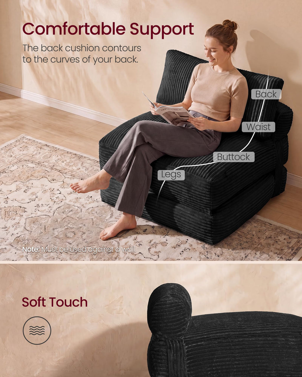 VASAGLE Folding Sofa Bed, Convertible Chair Bed with Pillow, Sleeper Chair