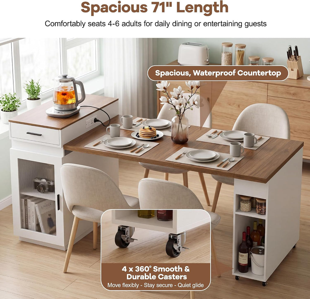 71''Kitchen Island with Extendable Dining Table for 2-4,Double-Side Storage