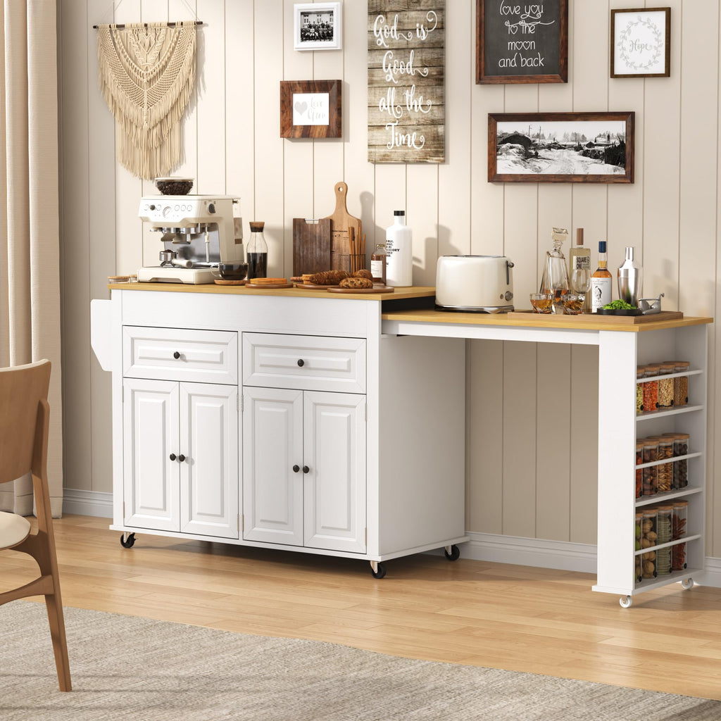 80"-48" Extendable Kitchen Island with Extended Dining Table and Power Outlet,Large Mobile Kitchen Storage Islands with 2 Storage Drawers,Rolling Islands Cart with 3 Extra Rows Open Shelves(Brown)
