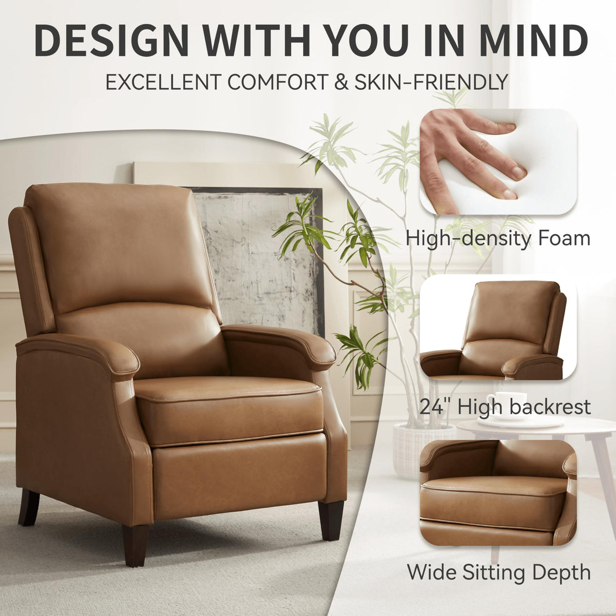 VKNOW Recliner Chair, Fabric Recliner with Adjustable Back, Brown