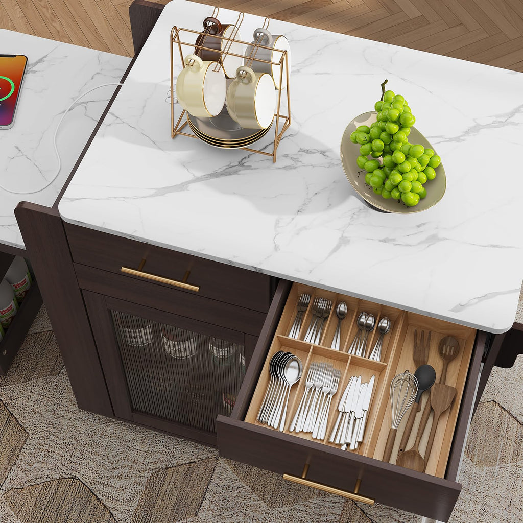 HLR 72" Extendable Rolling Kitchen Island with Storage, Island Table on Wheels with Marble Grain Countertop & Power Outlet, Portable Island Cart with Cabinets, Drawers and Shelves, Wood