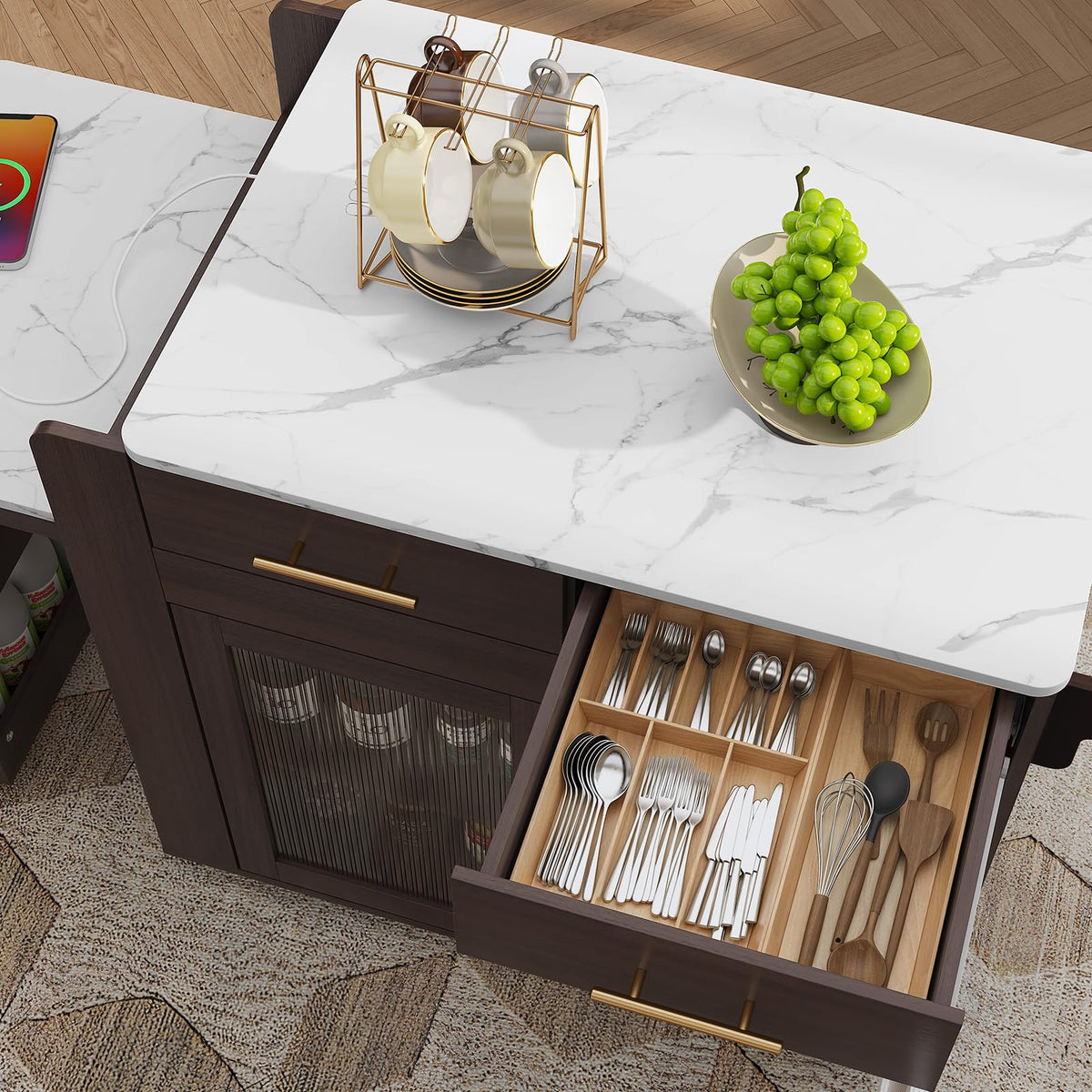 HLR 72" Extendable Rolling Kitchen Island with Storage, Island Table on Wheels with Marble Grain Countertop & Power Outlet, Portable Island Cart with Cabinets, Drawers and Shelves, Wood