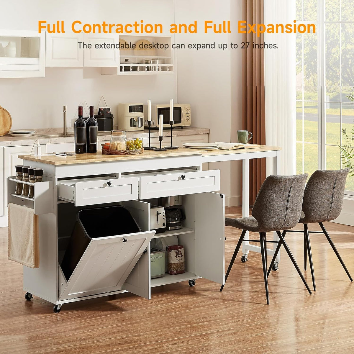 Kitchen Islands with Extendable Dining Table, Mobile Storage Islands, White