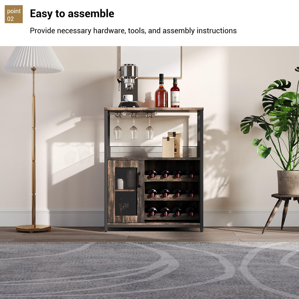 3-Tier Wine Bar Cabinet with Removable Wine Rack, Liquor Storage Cabinet with Glass Holder & Mesh Door, Coffee Bar Sideboard Buffet for Living Room or Dining Room, Gray