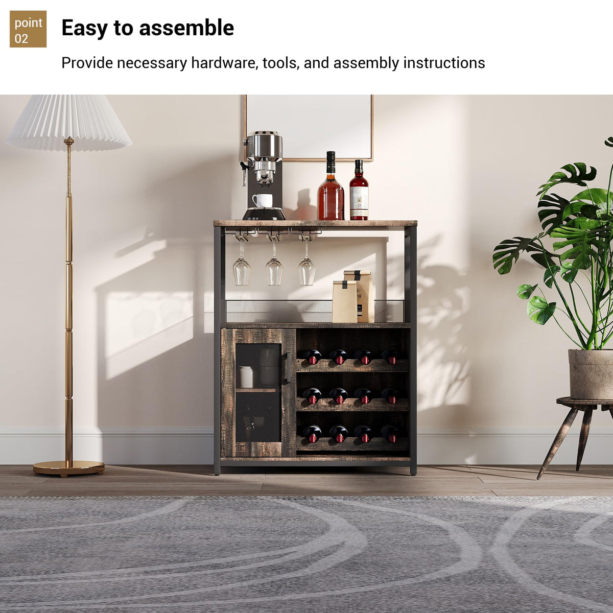 3-Tier Wine Bar Cabinet with Removable Wine Rack, Liquor Storage Cabinet with Glass Holder & Mesh Door, Coffee Bar Sideboard Buffet for Living Room or Dining Room, Gray
