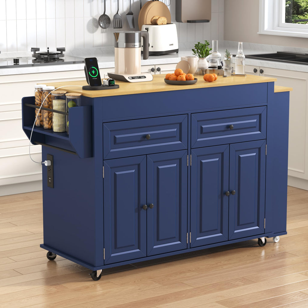 80"-48" Extendable Kitchen Island with Extended Dining Table and Power Outlet,Large Mobile Kitchen Storage Islands with 2 Storage Drawers,Rolling Islands Cart with 3 Extra Rows Open Shelves(Brown)