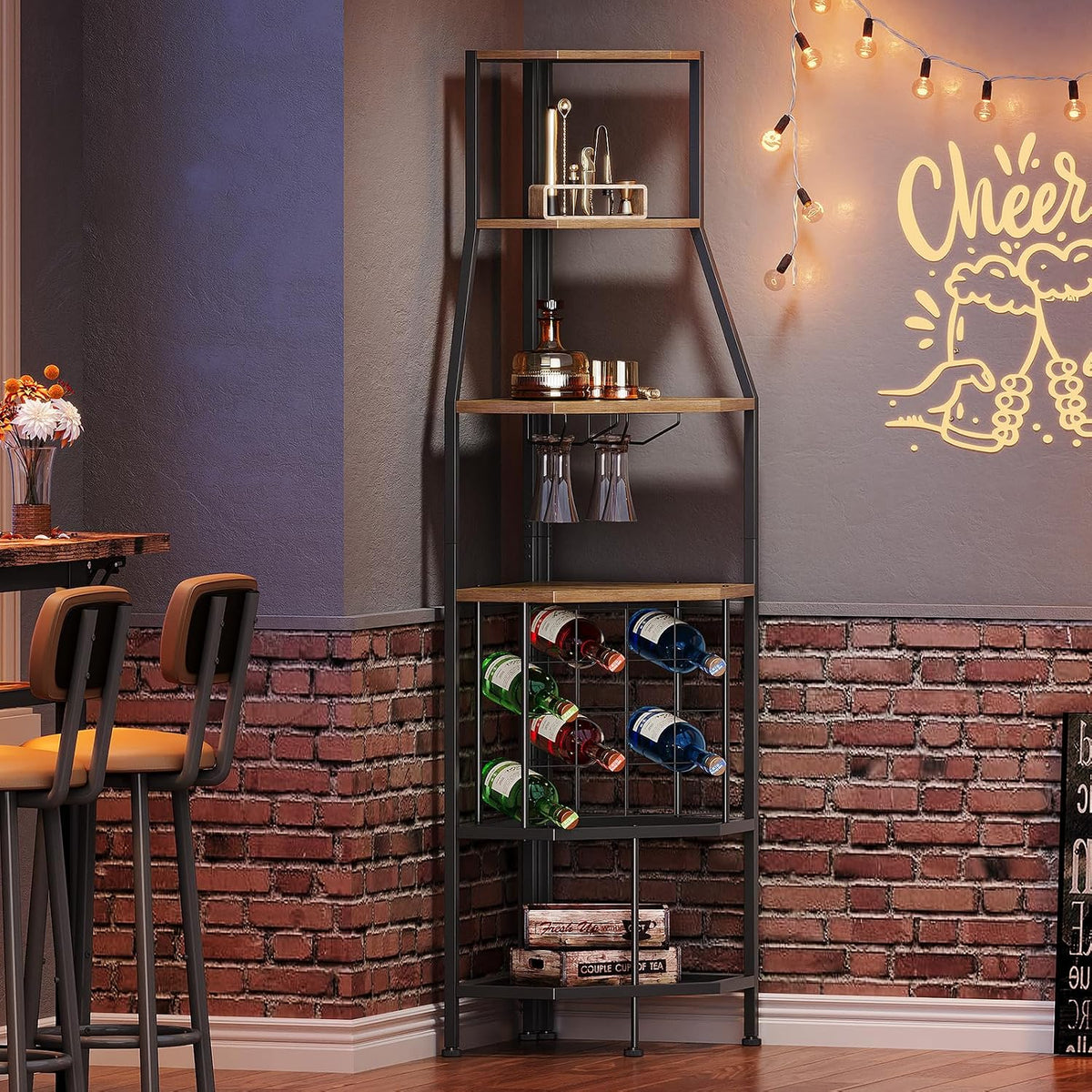 5-Tier Corner Wine Rack with Glass Holder, Floorstanding Wine Storage