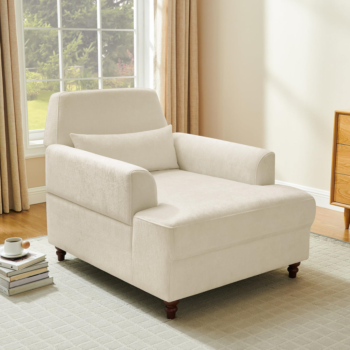 Oversized Chaise Lounge Chair with Adjustable Backrest, Polyester White