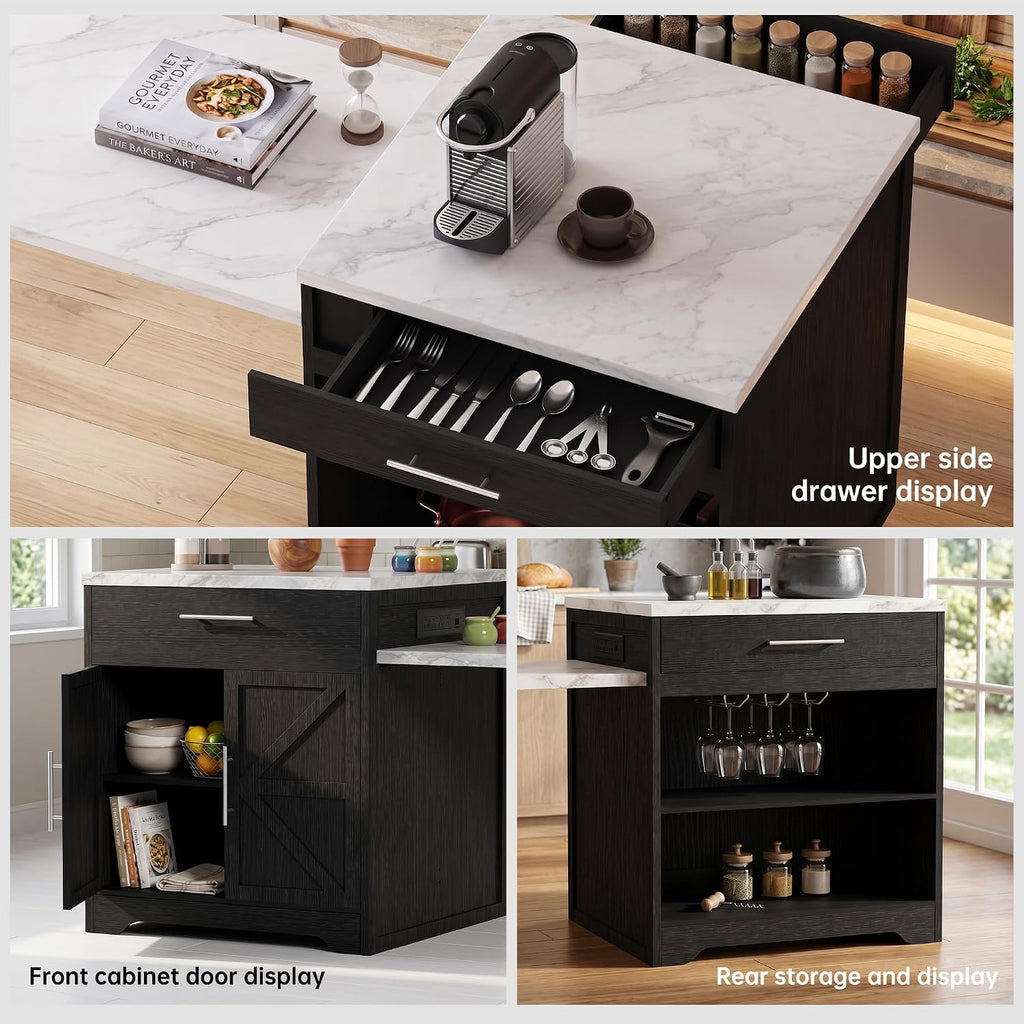 Black Kitchen Island with Extendable Dining Table, Kitchen Island Cart with Power Outlet, Storage Cabinet & Large Drawer, Faux Marble Top