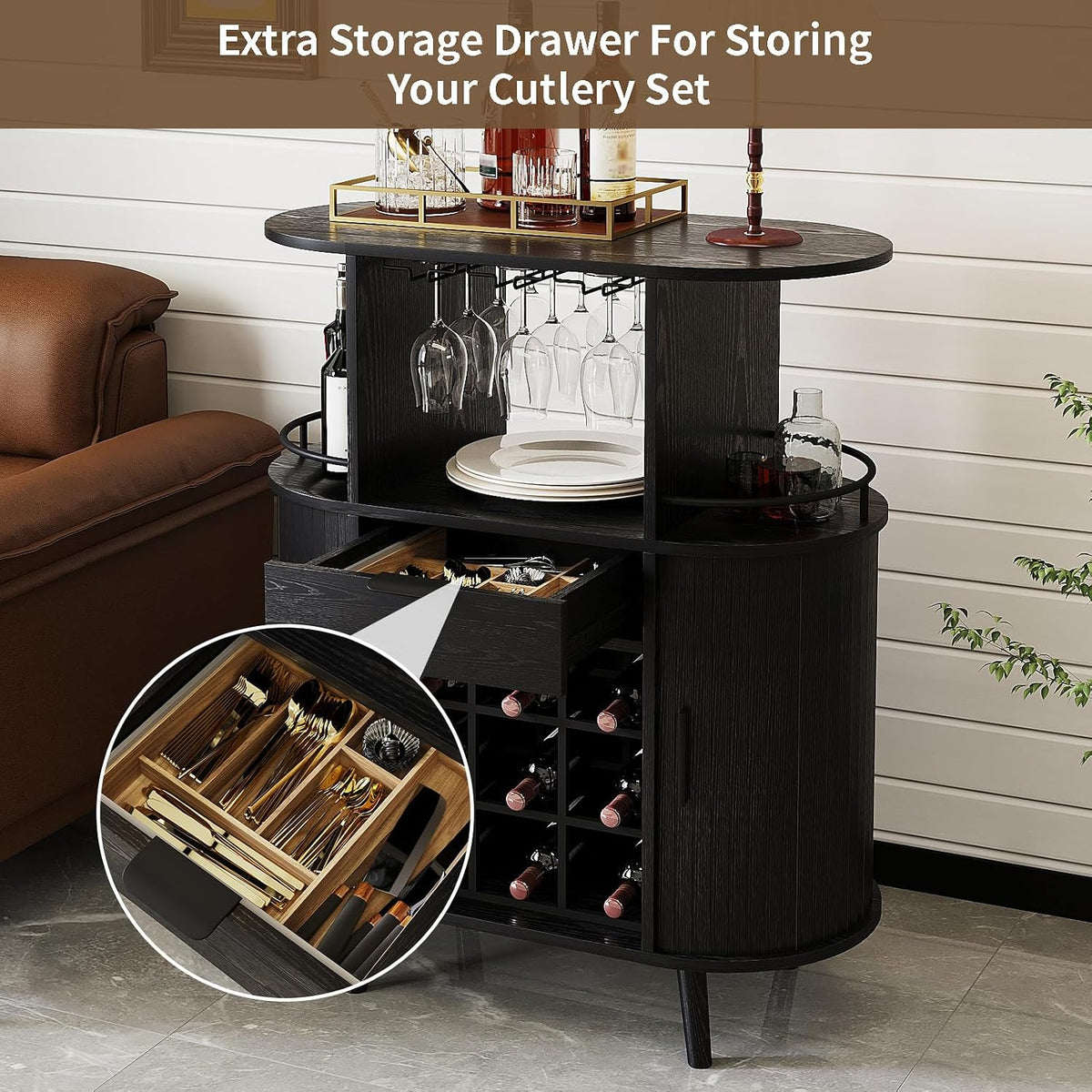 31.5" Black Bar Cabinet with Wine Rack & Sliding Door