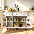 Rolling Kitchen Island with Rubber Wood Drop Leaf Countertop, Kitchen Cart on 5 Wheels with Storage Cabinet, 3 Drawers, Towel & Spice Rack, Mobile Kitchen Table for Dining Room Apartment, White