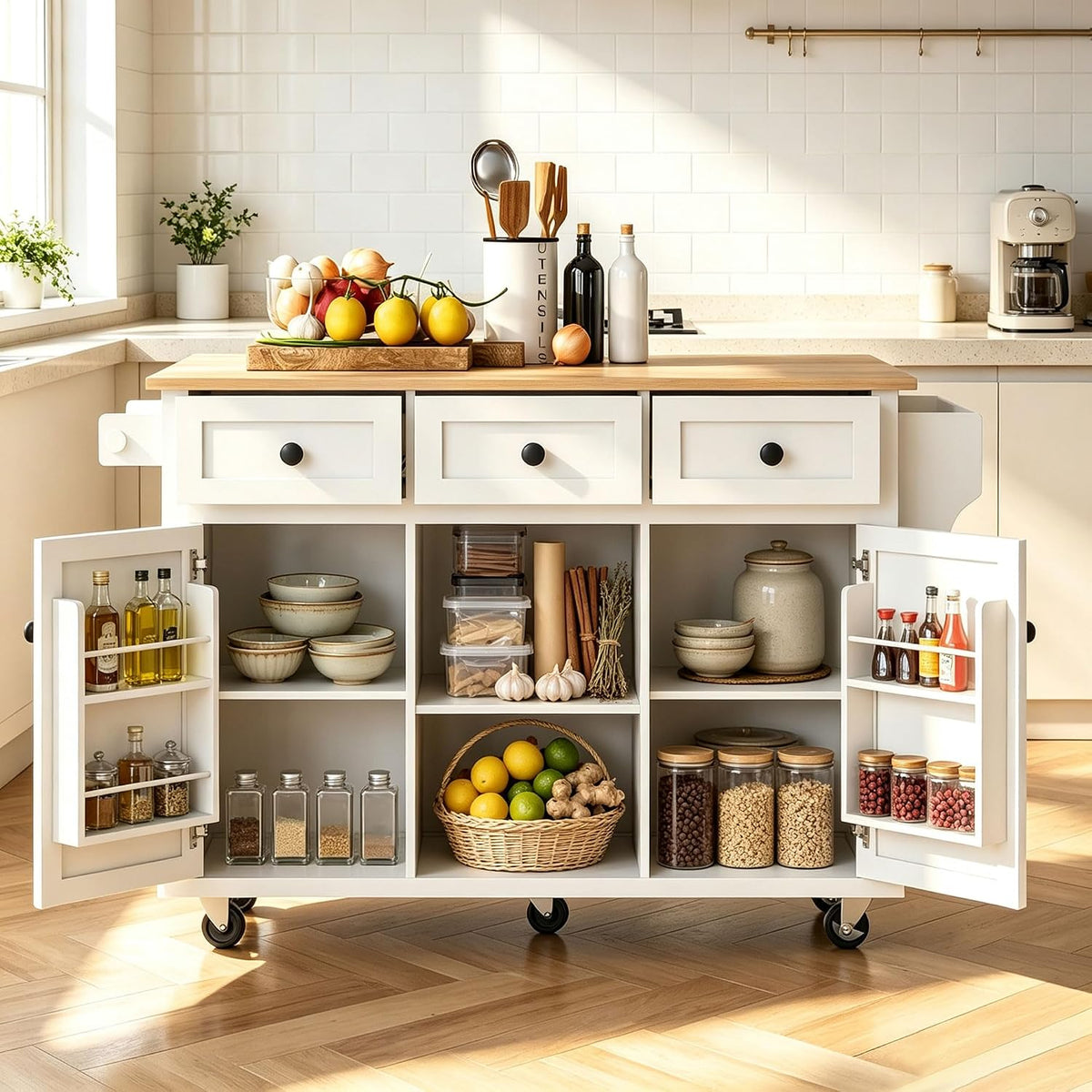 Rolling Kitchen Island with Rubber Wood Drop Leaf Countertop, Kitchen Cart on 5 Wheels with Storage Cabinet, 3 Drawers, Towel & Spice Rack, Mobile Kitchen Table for Dining Room Apartment, White